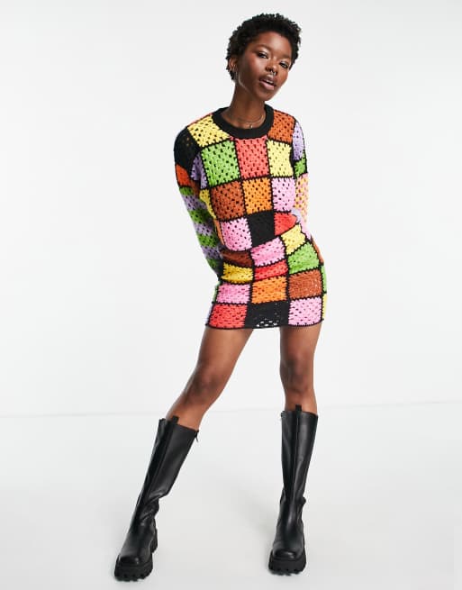 The Ragged Priest mini skirt in rainbow crochet patchwork co ord