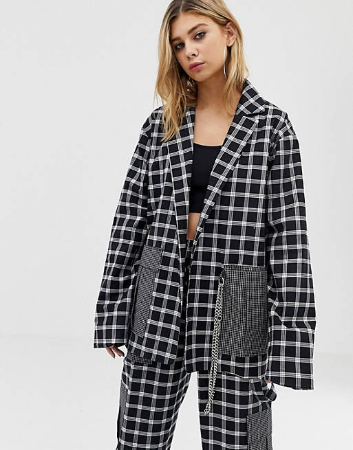 The Ragged Priest mixed check blazer with chain detail