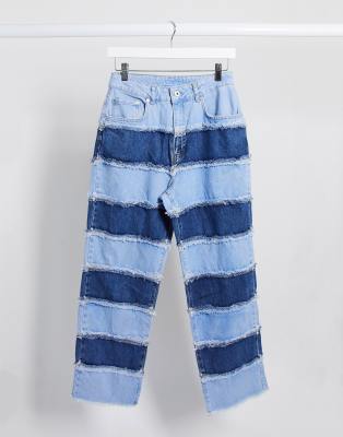 The Ragged Priest - Mom-Jeans mit Patchwork-Streifen-Blau