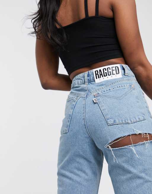 The Ragged Priest Mom Jeans With Bum Rip In Light Wash Denim Asos