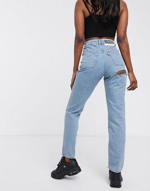 The Ragged Priest mom jeans with bum rip in light wash denim