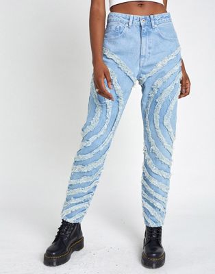The Ragged Priest mom jeans with circle fray panels in light wash