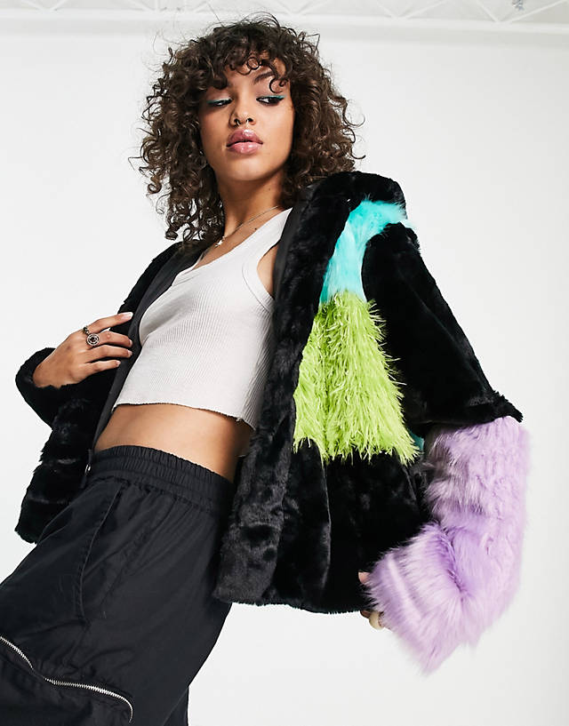 The Ragged Priest - multi panelled faux fur jacket in multi