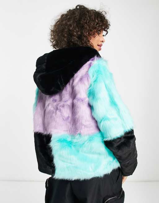 The Ragged Priest multi panelled faux fur jacket in multi