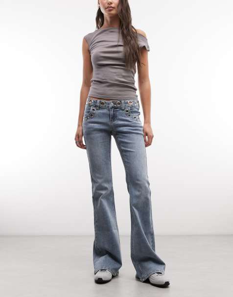 The Ragged Priest – Niebieskie jeansy z rozszerzanymi nogawkami, obniżonym stanem i przelotkami w talii - view 1