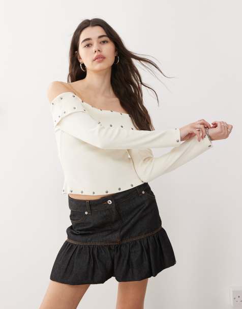 The Ragged Priest off shoulder top with eyelets in ecru - view 1