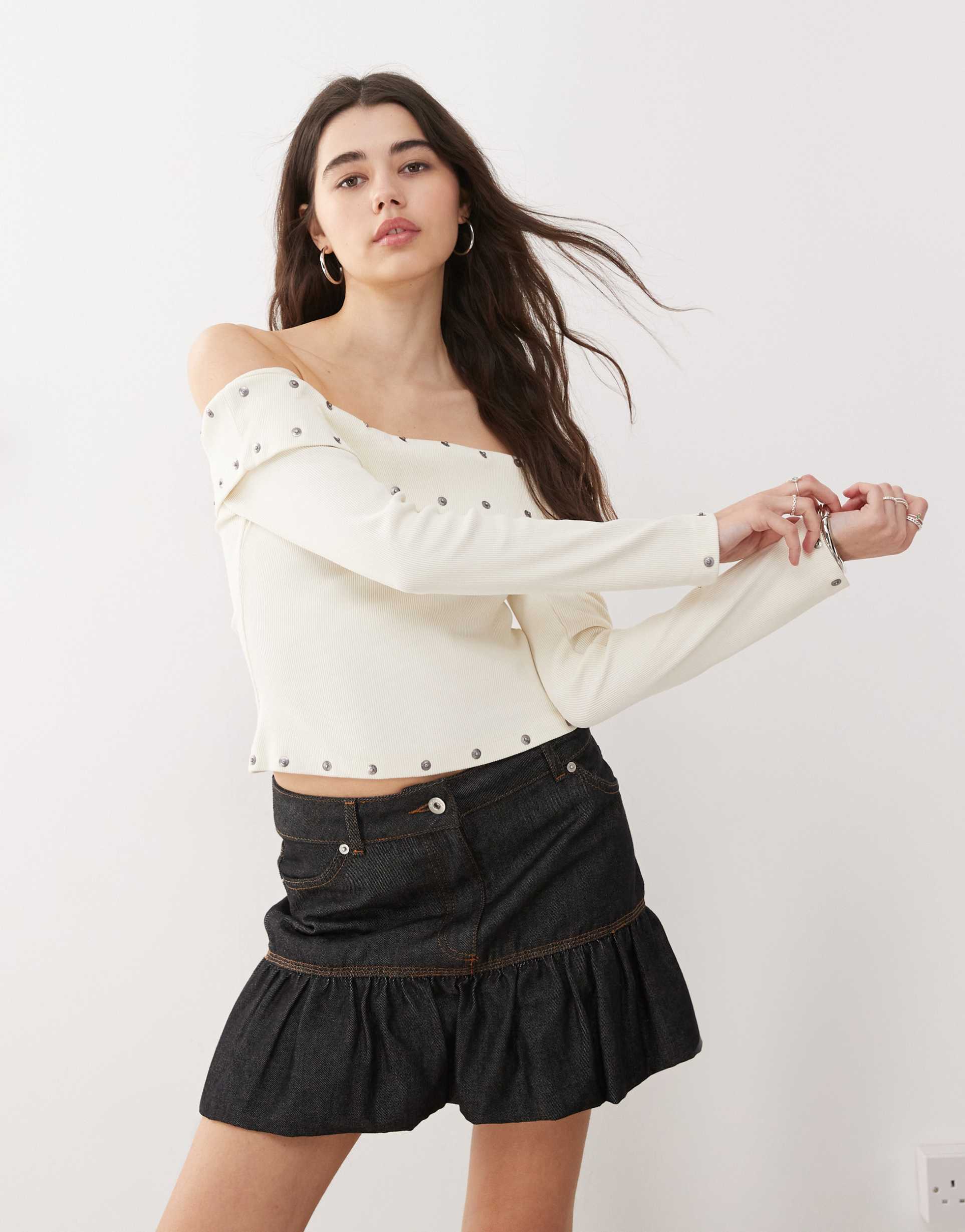 the ragged priest off shoulder top with eyelets in ecru