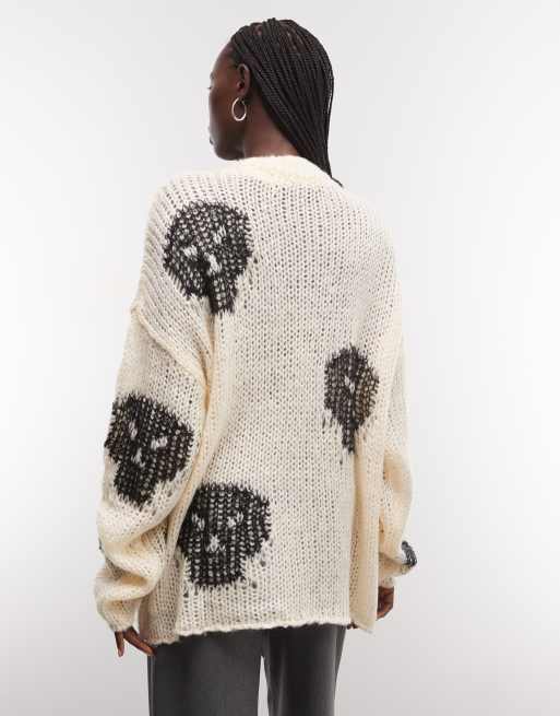 The Ragged Priest open knit bonehead knit jumper in ecru and black, 2 of 4