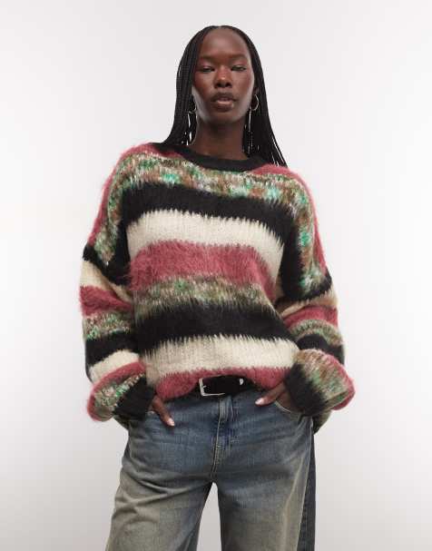 The Ragged Priest oversized brushed boxy jumper in multi stripe - view 1