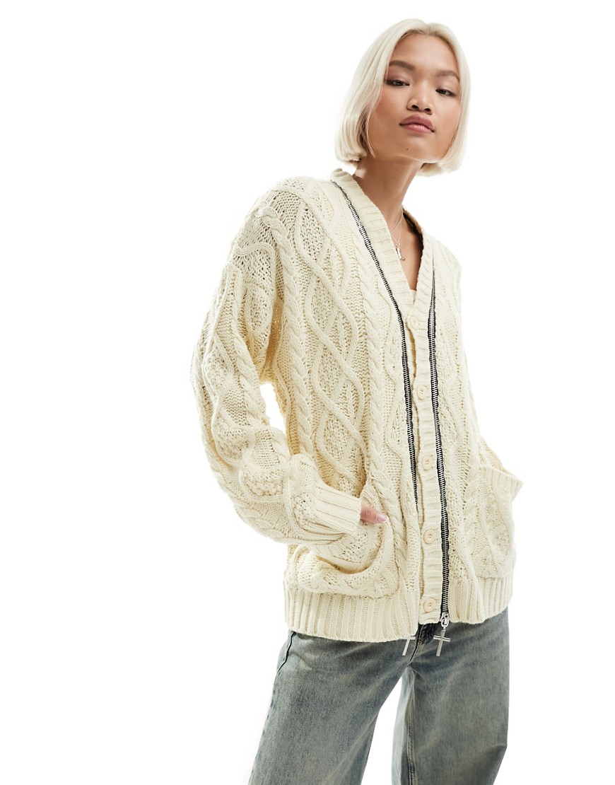 The Ragged Priest oversized cable knit cardigan with charm zips in cream-Black