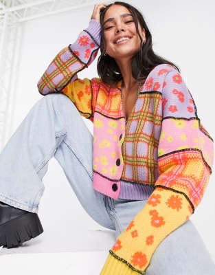The Ragged Priest oversized cardigan in patchwork daisy check - ASOS Price Checker
