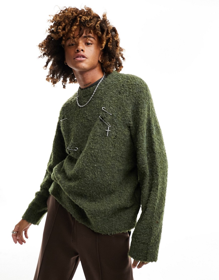 The Ragged Priest oversized distressed bleached jumper-Green