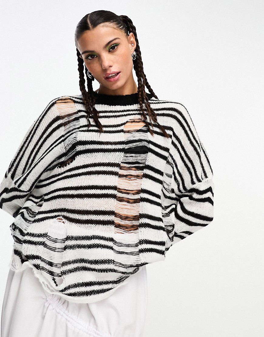 The Ragged Priest oversized distressed knit jumper in black and white stripe-Multi
