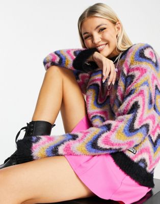 The Ragged Priest oversized fluffy jumper in rainbow wave print