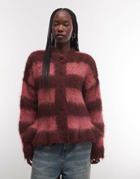 The Ragged Priest oversized fluffy knit cardigan in maroon pink stripe - view 1