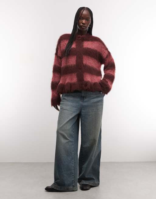 The Ragged Priest oversized fluffy knit cardigan in maroon pink stripe, 3 of 4