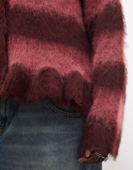 The Ragged Priest oversized fluffy knit cardigan in maroon pink stripe, 4 of 4