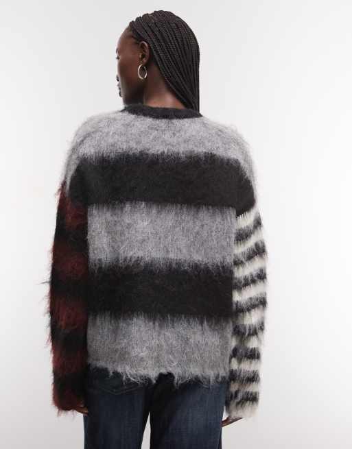 The Ragged Priest oversized fluffy mix match stripe jumper in black red and grey, 2 of 4