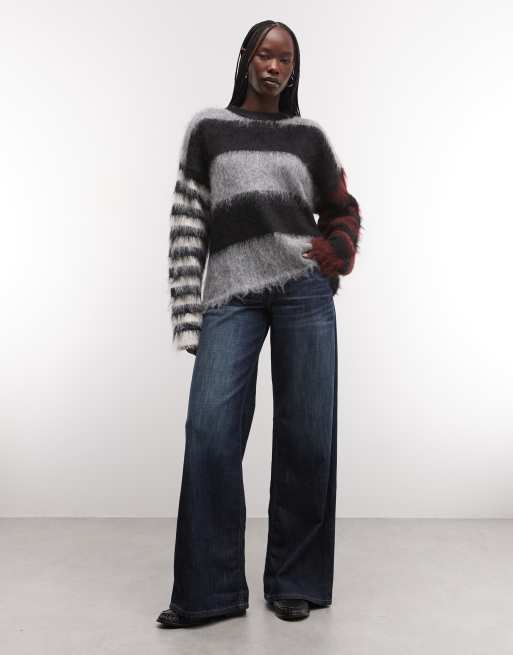The Ragged Priest oversized fluffy mix match stripe jumper in black red and grey, 3 of 4
