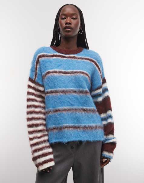 The Ragged Priest oversized fluffy mix match stripe jumper in blue and burgundy - view 1