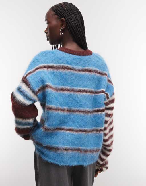The Ragged Priest oversized fluffy mix match stripe jumper in blue and burgundy, 2 of 4