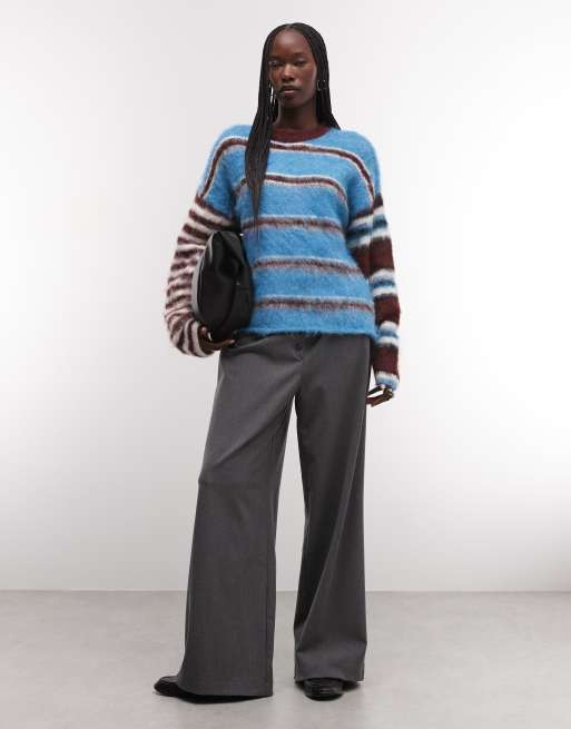 The Ragged Priest oversized fluffy mix match stripe jumper in blue and burgundy, 3 of 4