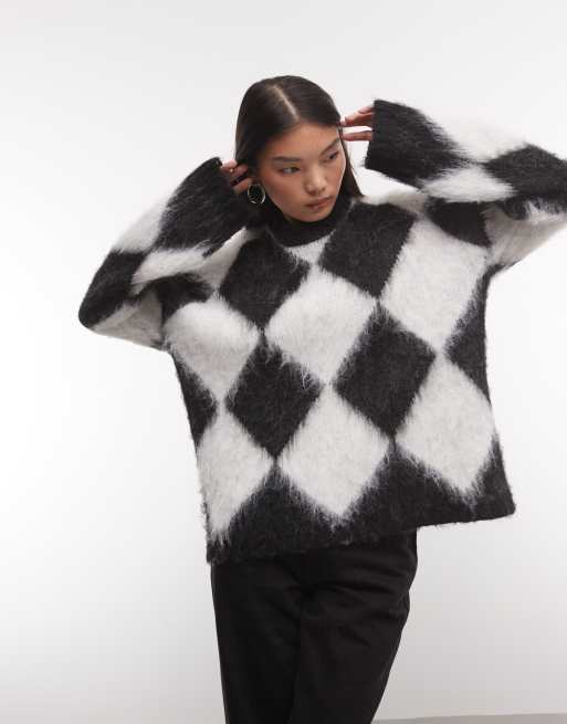 The Ragged Priest oversized harlequin fluffy jumper in black and white, 2 of 4