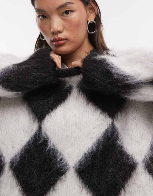 The Ragged Priest oversized harlequin fluffy jumper in black and white, 3 of 4