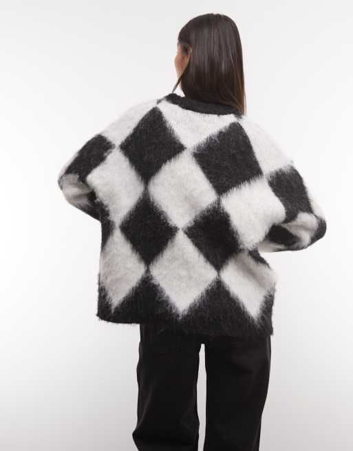 The Ragged Priest oversized harlequin fluffy jumper in black and white, 4 of 4