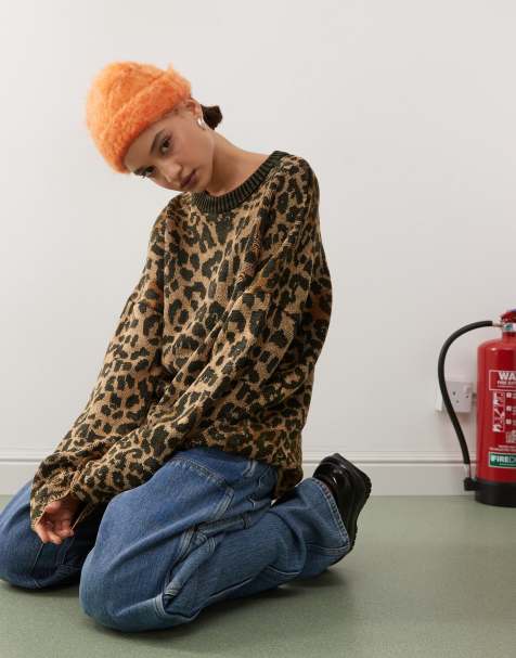 The Ragged Priest oversized knit sweater with distressing in brown leopard - view 1