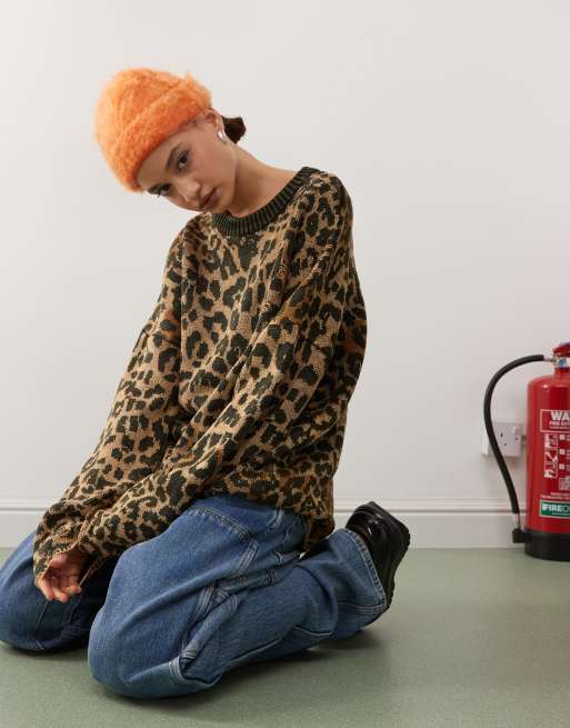 The Ragged Priest oversized knit sweater with distressing in brown leopard