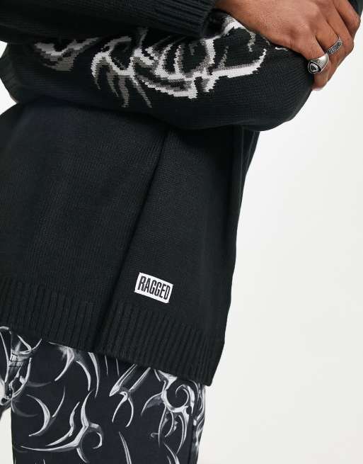 The Ragged Priest oversized knit sweater with grunge graphic in black, 2 of 4