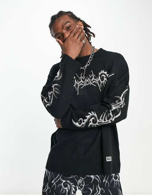 The Ragged Priest oversized knit sweater with grunge graphic in black, 3 of 4