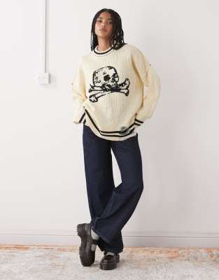 The Ragged Priest Oversized Knit Sweater With Skull Graphic-neutral In Neutral