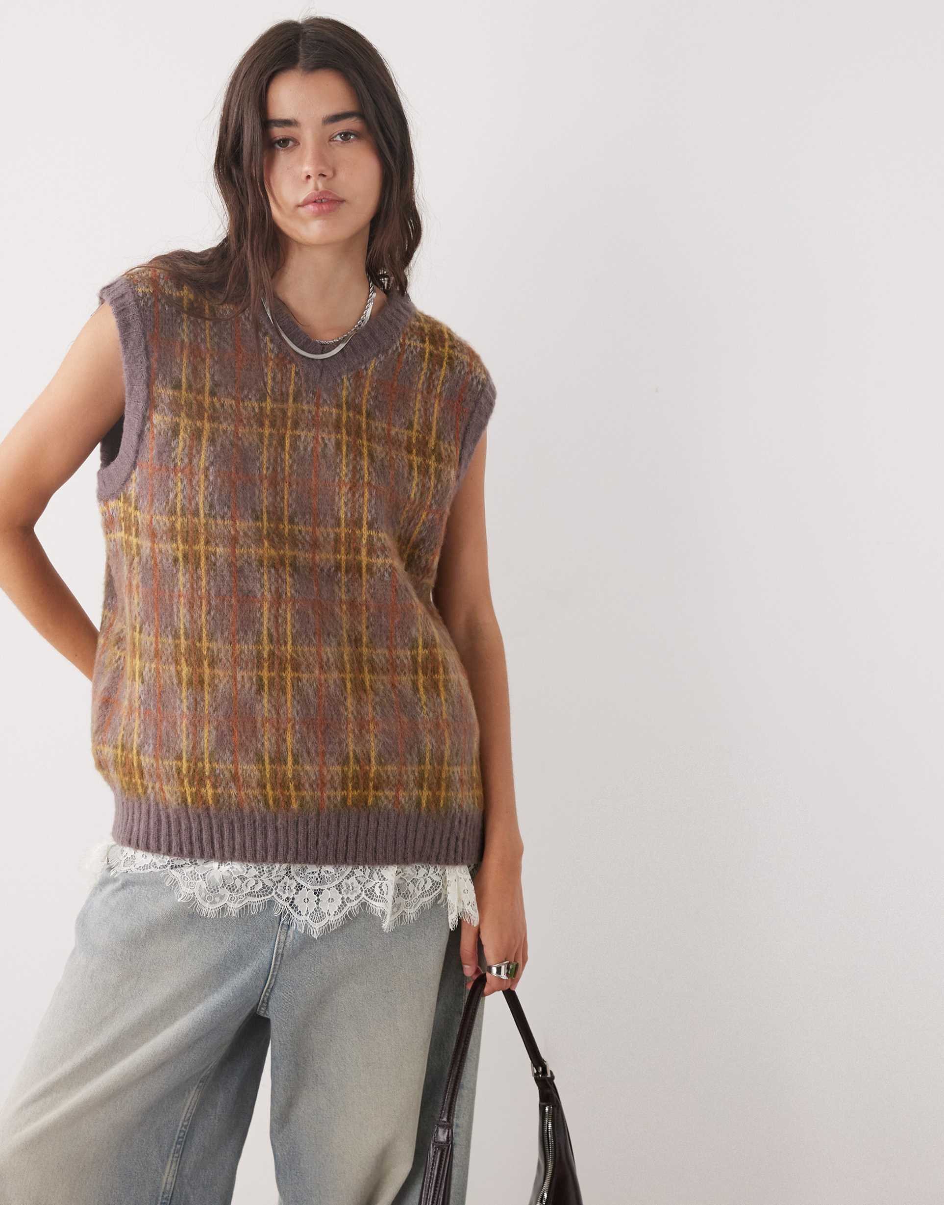the ragged priest oversized knit vest in purple plaid