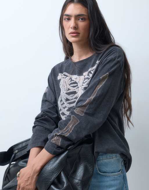 The Ragged Priest oversized long sleeve top with skeleton graphic in black, 2 of 5