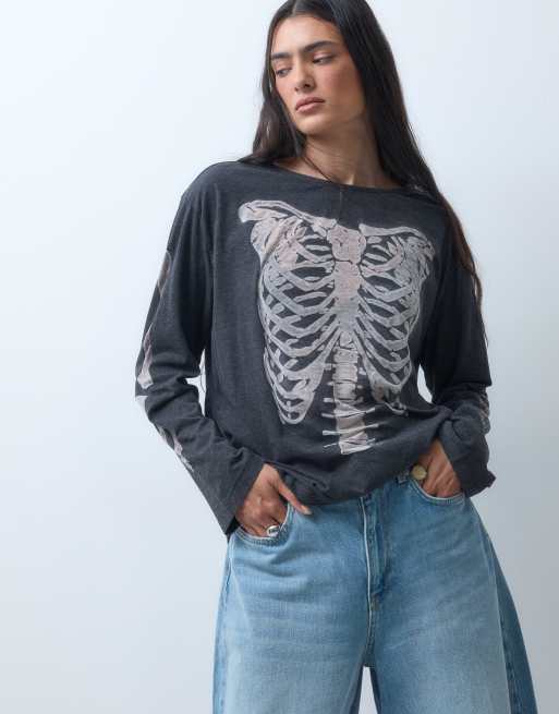The Ragged Priest oversized long sleeve top with skeleton graphic in black, 5 of 5