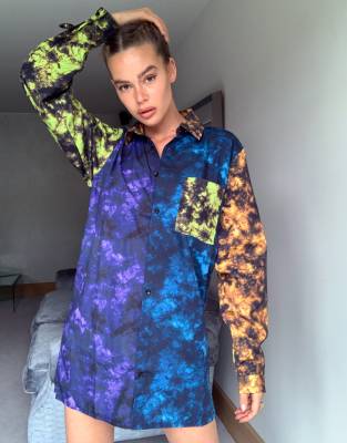 THE RAGGED PRIEST OVERSIZED MINI SHIRT DRESS IN TIE DYE COLOR BLOCK-MULTI RPSS2001057WV