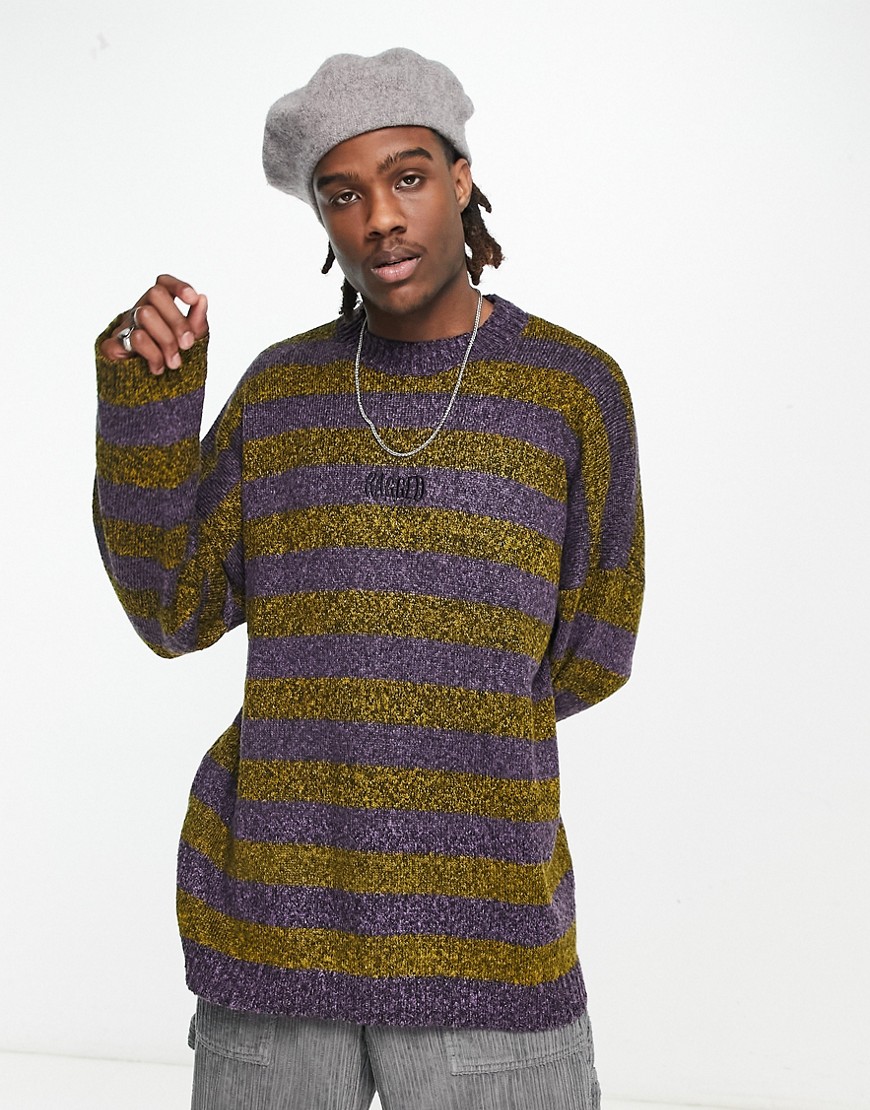 oversized soft knit sweater in purple stripe-Multi