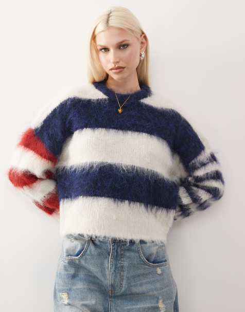The Ragged Priest oversized stripe jumper in navy red stripe