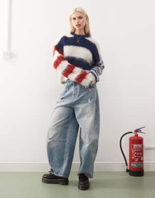 The Ragged Priest Oversized Stripe Sweater In Navy