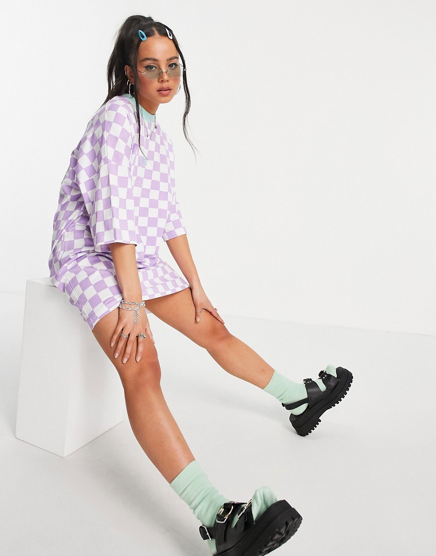 The Ragged Priest oversized t-shirt dress in lilac checkerboard-Purple