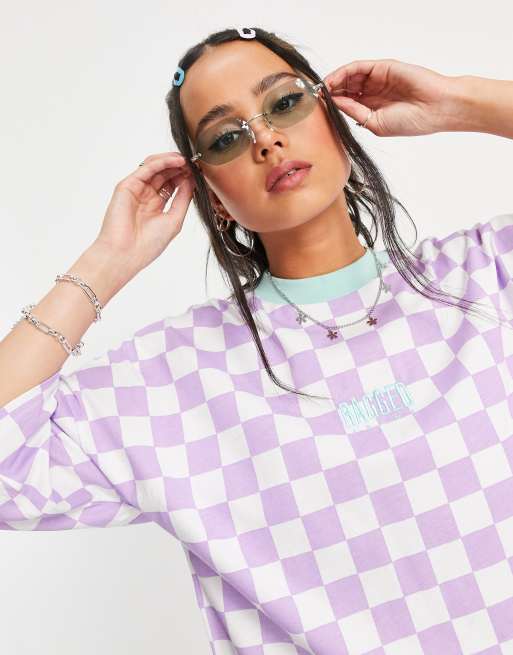 The Ragged Priest oversized t shirt dress in lilac checkerboard