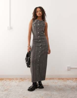 The Ragged Priest Paneled Button Up Maxi Dress In Gray