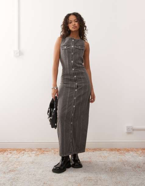 The Ragged Priest pannelled button through maxi dress in grey