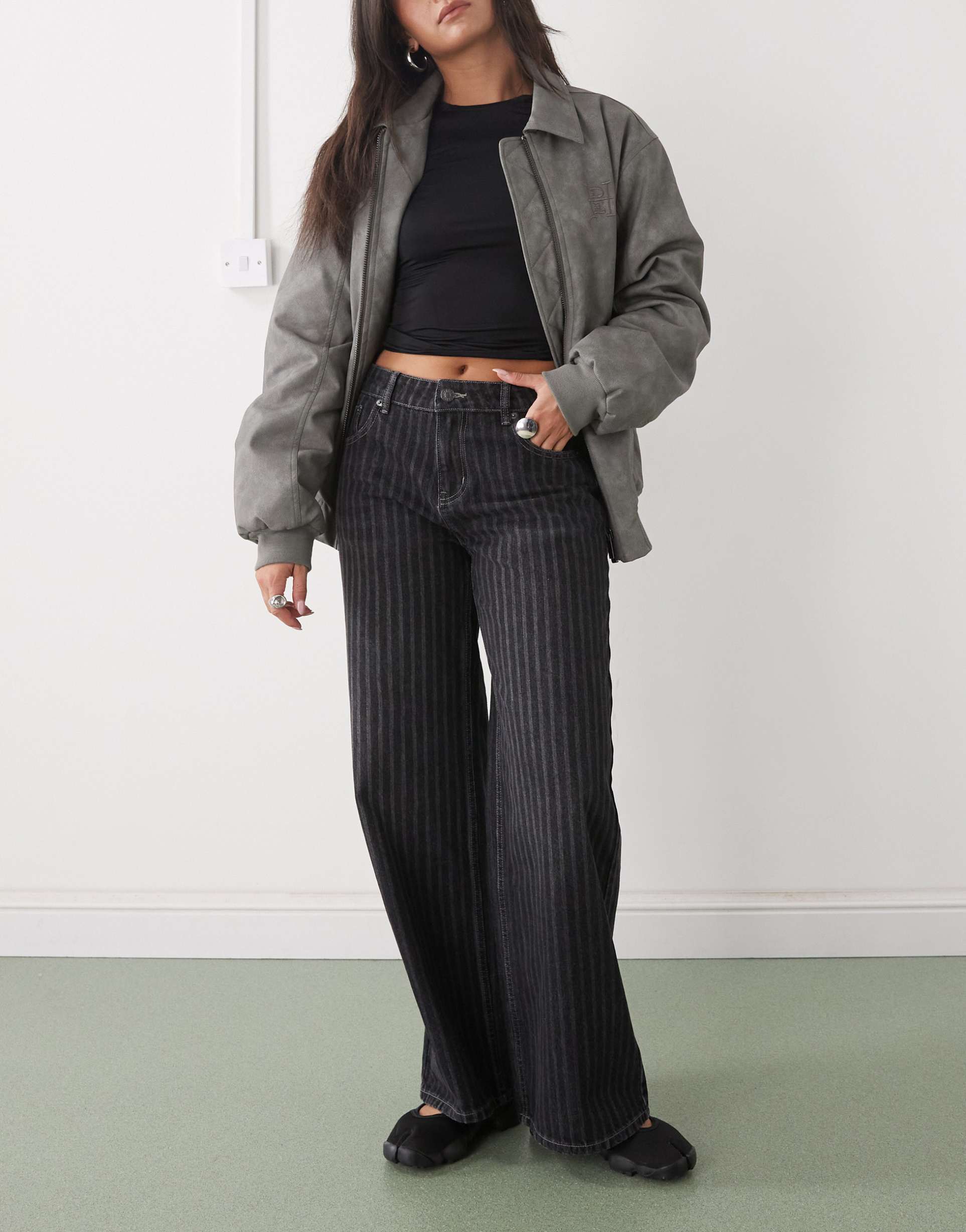 the ragged priest pinstripe wide jeans in charcoal