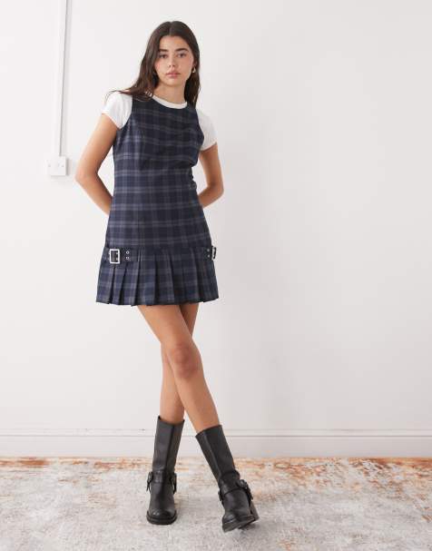 The Ragged Priest pleated kilt mini dress with dropped waist in blue - view 1
