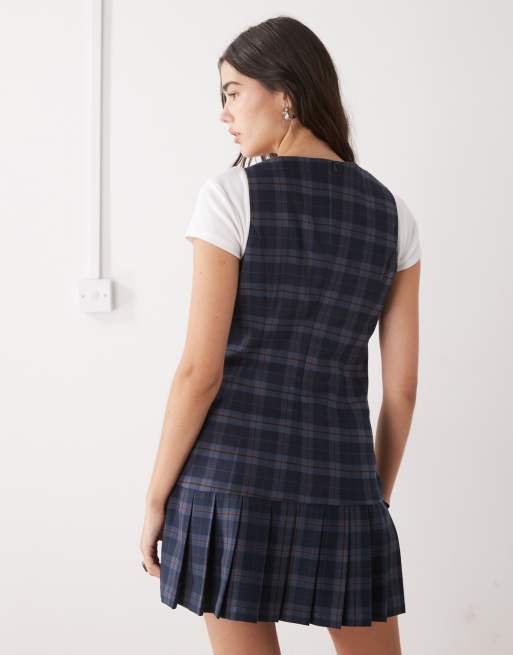 The Ragged Priest pleated kilt mini dress with dropped waist in blue
