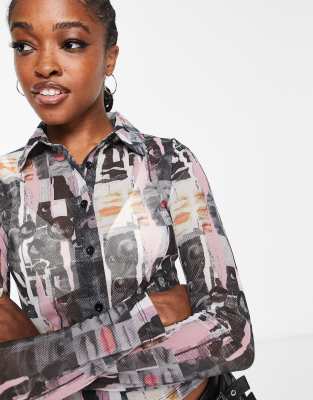 print mesh collared shirt in multi - part of a set