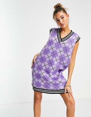 The Ragged Priest purple argyle sweater vest dress